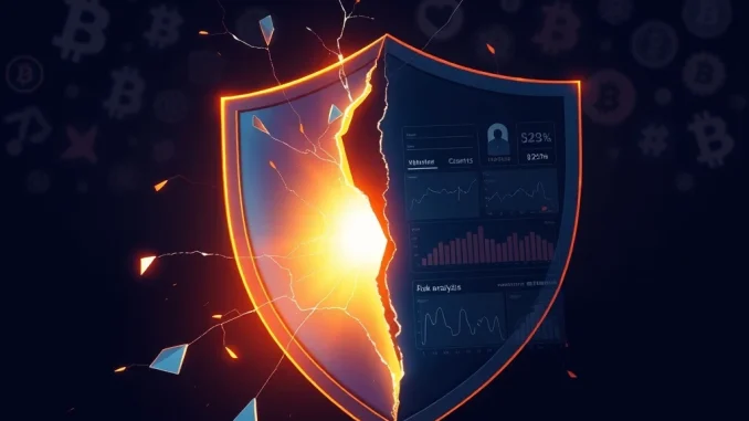 Conceptual image of blockchain security failure and the crypto hack recovery crisis, showing a fractured digital shield.