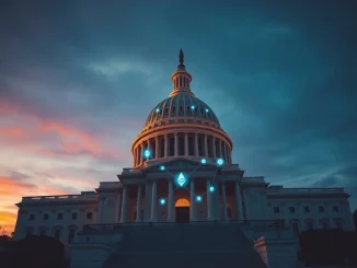 U.S. Capitol with blockchain overlay representing the pivotal crypto market structure bill vote and regulatory watershed moment.
