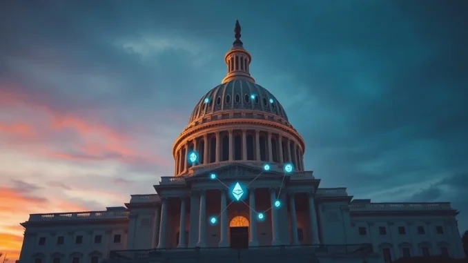 U.S. Capitol with blockchain overlay representing the pivotal crypto market structure bill vote and regulatory watershed moment.