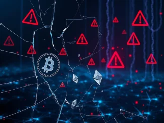 Blockchain security breach showing cryptocurrency scam losses and digital fraud warning symbols