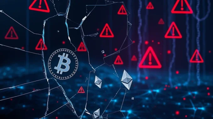 Blockchain security breach showing cryptocurrency scam losses and digital fraud warning symbols