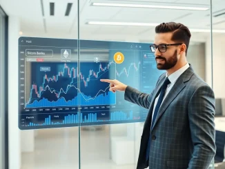 Financial analyst explaining crypto TradFi integration with traditional banking systems on digital display