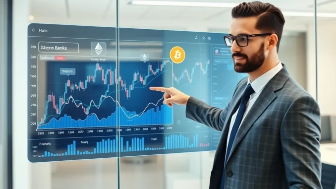 Financial analyst explaining crypto TradFi integration with traditional banking systems on digital display