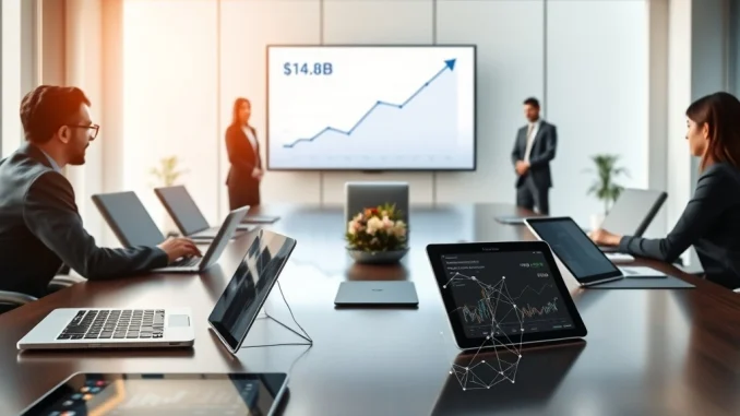 Crypto VC Investment Soars: $1.4 Billion January Influx Defies Deal Count Decline Chart showing a $1.4 billion surge in crypto VC investment for January 2025 in a modern boardroom setting.
