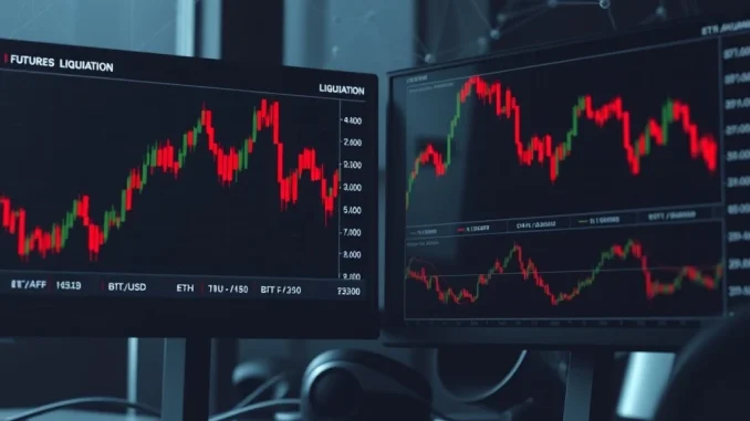 Cryptocurrency futures liquidation data visualization showing $150 million in positions closed across major exchanges