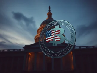 US Capitol with symbolic cryptocurrency coin representing the proposed presidential crypto ban legislation.