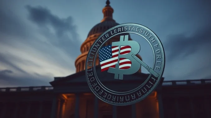 US Capitol with symbolic cryptocurrency coin representing the proposed presidential crypto ban legislation.