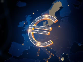 Digital Euro symbol over European map representing ECB's financial sovereignty shield against geopolitical conflicts