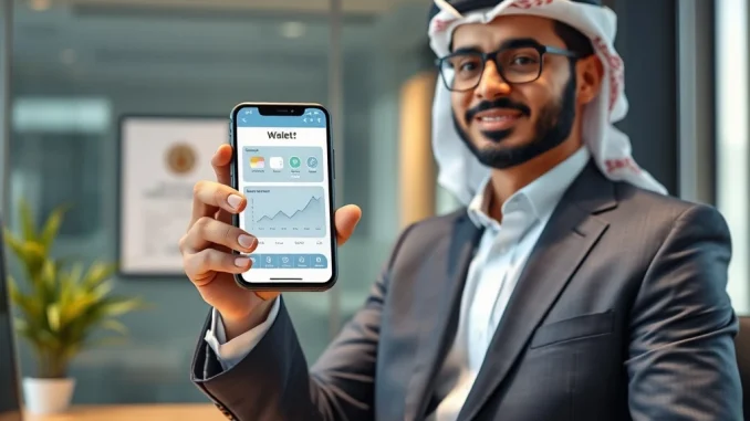 Dubai Insurance executive using a crypto wallet for insurance payments in a modern UAE office.