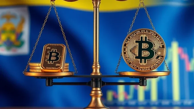 El Salvador balances gold bars and bitcoin coins as part of its national economic diversification strategy.