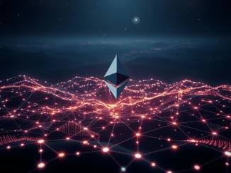 Illustration of the new ERC-8004 Ethereum standard enabling AI agents on a blockchain network.