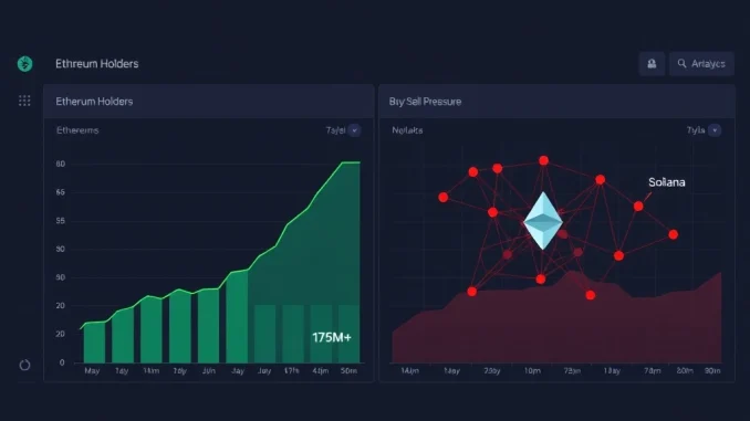 Ethereum Holders Surge 3% to Shatter 175 Million Milestone Amid Market Caution Signals Data visualization contrasting Ethereum's holder growth with negative buy/sell pressure for ETH and Solana in January 2025.