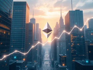 Ethereum price prediction chart merging with Wall Street infrastructure and blockchain networks.