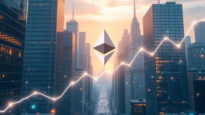 Ethereum price prediction chart merging with Wall Street infrastructure and blockchain networks.
