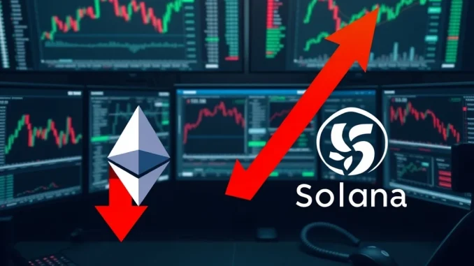 Ethereum and Solana market analysis showing negative buy/sell pressure data with financial charts