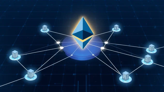 Conceptual diagram of Ethereum's Distributed Validator Technology enhancing network security and staking.