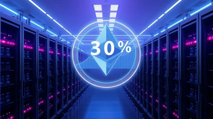 Ethereum staking reaches a 30% ratio milestone, symbolizing network security and validator growth.