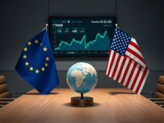 EU and US flags symbolizing the trade conflict over Greenland and potential tariff responses.