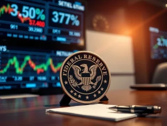 The Federal Reserve seal with a 3.50%-3.75% interest rate decision in the background.