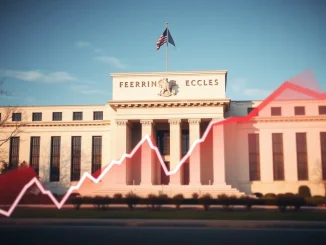 The Federal Reserve building with a chart showing the FOMC decision to hold interest rates steady.