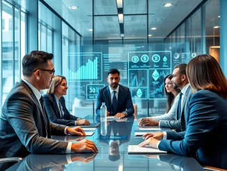 Fortune 500 executives analyzing cryptocurrency adoption strategies and blockchain technology in corporate boardroom.