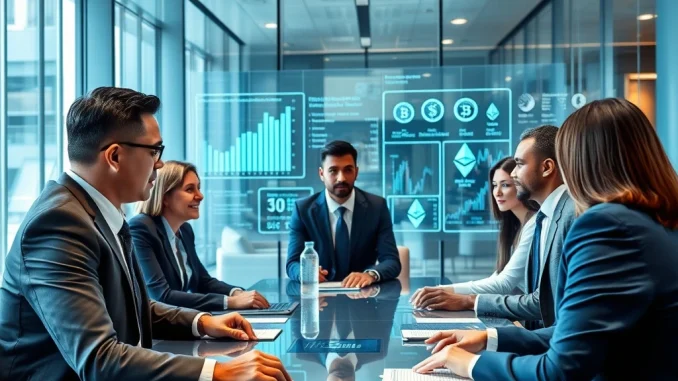 Fortune 500 executives analyzing cryptocurrency adoption strategies and blockchain technology in corporate boardroom.