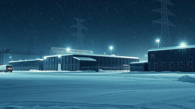 Foundry USA Bitcoin mining facility impacted by winter storm Fern, showing a 60% hashrate drop.