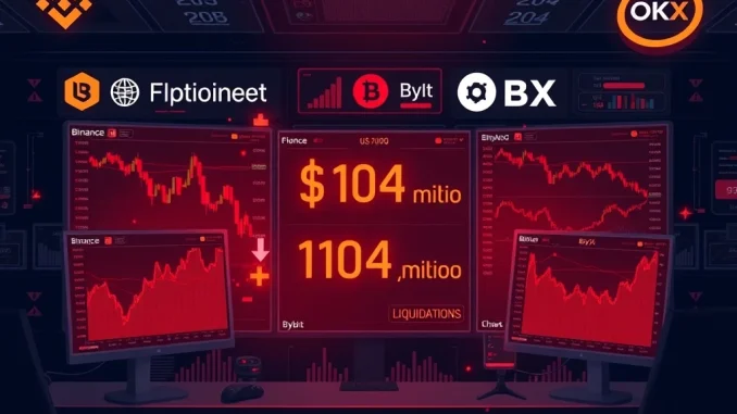 Cryptocurrency futures market showing $104 million in liquidations across major exchanges during high volatility