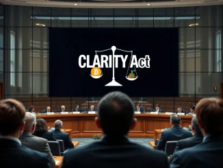 Illustration of the CLARITY Act crypto bill being debated as essential for market growth and regulation.