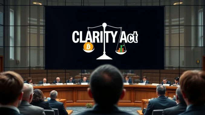 Illustration of the CLARITY Act crypto bill being debated as essential for market growth and regulation.