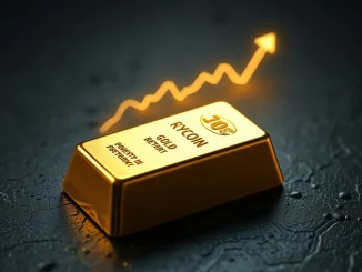 Gold bullion bar with financial chart showing gold price surge past $5,200 per ounce.