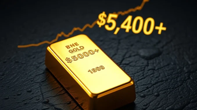 Gold bullion bar with chart showing gold price breaking the $5,400 all-time high record.
