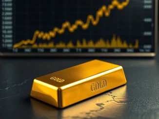 Gold bullion bar with chart showing gold price breaking record highs above $5,400.