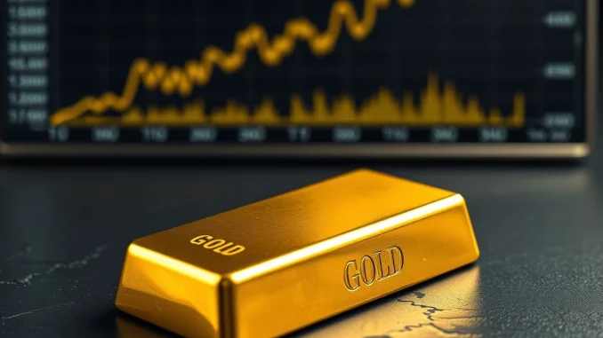 Gold bullion bar with chart showing gold price breaking record highs above $5,400.