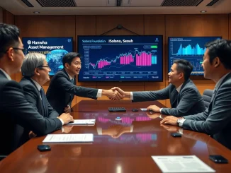 Hanwha Asset Management and Solana Foundation executives signing partnership agreement for digital asset ecosystem expansion