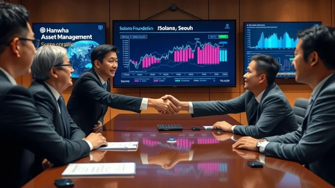 Hanwha Asset Management and Solana Foundation executives signing partnership agreement for digital asset ecosystem expansion