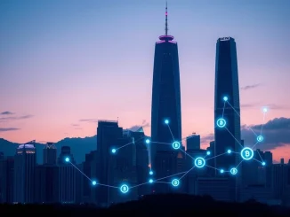Hong Kong skyline with blockchain overlay representing the new stablecoin licensing and crypto tax framework.