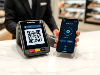 Ingenico payment terminal enabling stablecoin transactions via WalletConnect Pay at a retail checkout.