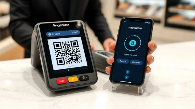 Ingenico's Revolutionary Partnership with WalletConnect Pay Unlocks Mainstream Stablecoin Payments Ingenico payment terminal enabling stablecoin transactions via WalletConnect Pay at a retail checkout.