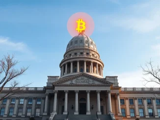 Kansas State Capitol with Bitcoin symbol representing the proposed strategic BTC reserve legislation.