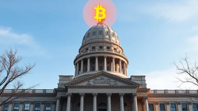 Kansas State Capitol with Bitcoin symbol representing the proposed strategic BTC reserve legislation.