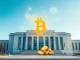 Kazakhstan central bank building with Bitcoin logo integrated into national strategic reserves concept.