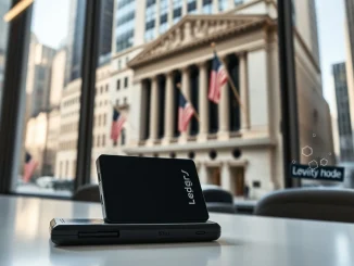 Ledger hardware wallet with New York Stock Exchange background representing the 2026 IPO plans