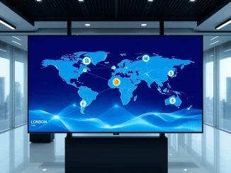 LSEG DiSH digital payment platform interface showing global transaction network with crypto support.