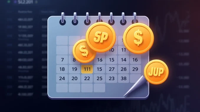 Calendar visualization of this week's major cryptocurrency token unlocks including SUI, OP, and JUP.