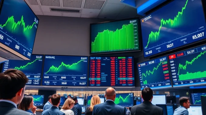 Trading floor with digital displays showing gains for major US indices including S&P 500, Nasdaq, and Dow Jones.