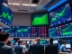 Trading floor with digital displays showing gains for major US indices including S&P 500, Nasdaq, and Dow Jones.