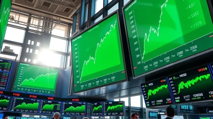 Trading floor displays showing major US stock indices opening higher with green charts