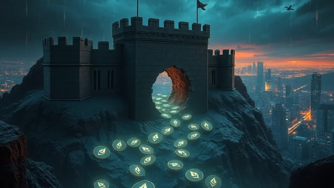 Illustration of the DeFi protocol MakinaFi hack showing digital security breach and loss of Ethereum.