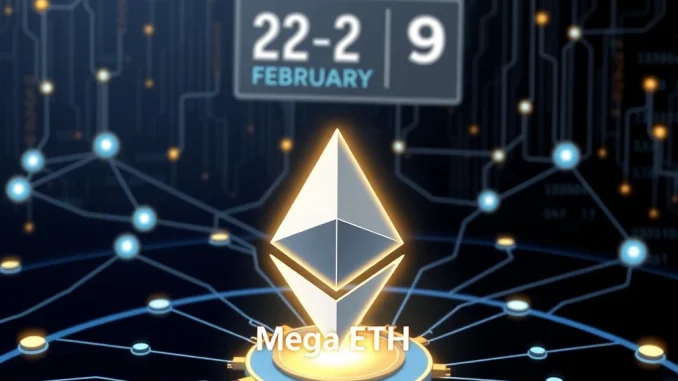 MegaETH mainnet launch on February 9 tests Ethereum Layer 2 scalability with a futuristic blockchain network visualization.